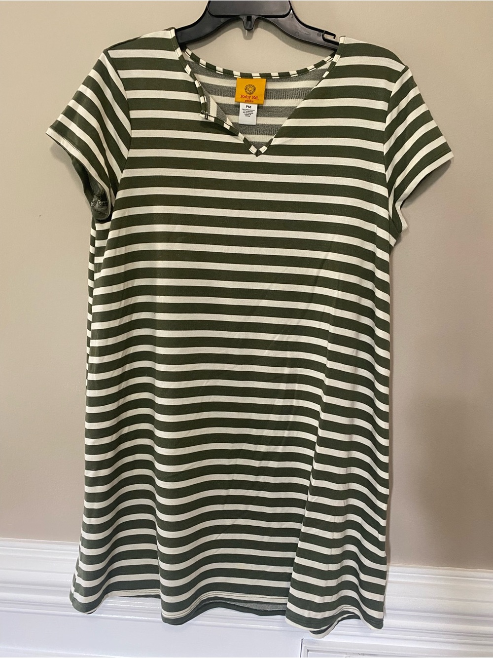 Ruby Rd. Olive Green & White Striped V-Neck Tee Dress
